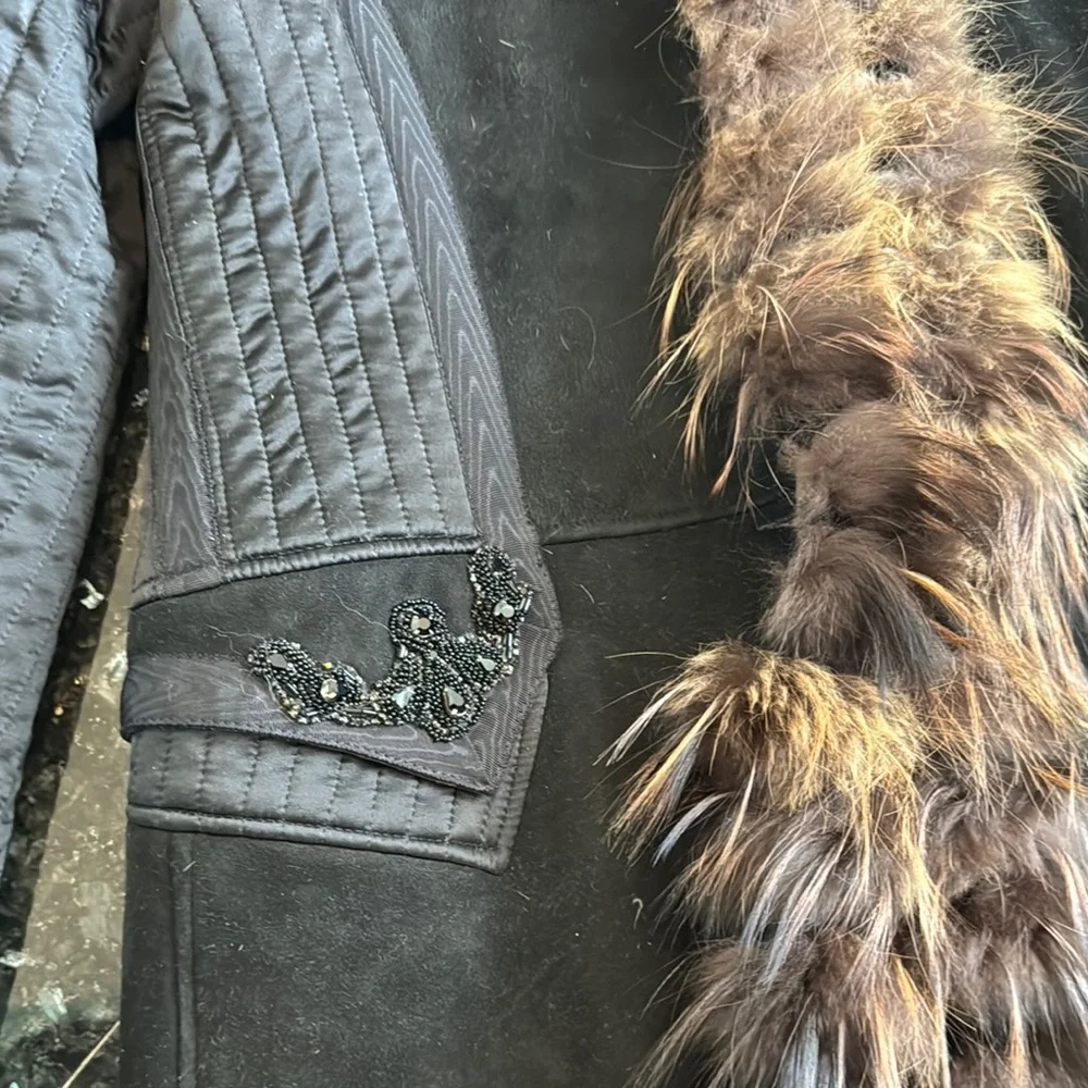 Roberto Cavalli Shearling Suede Black Fox Fur-Trimmed Women's Coat Size 48 - Picture 4 of 13